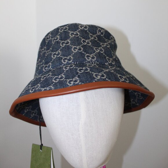 NWT GUCCI GG Blue Denim Brown Leather Trim Bucket Hat M 58 cm 576371 UNISEX main image 4